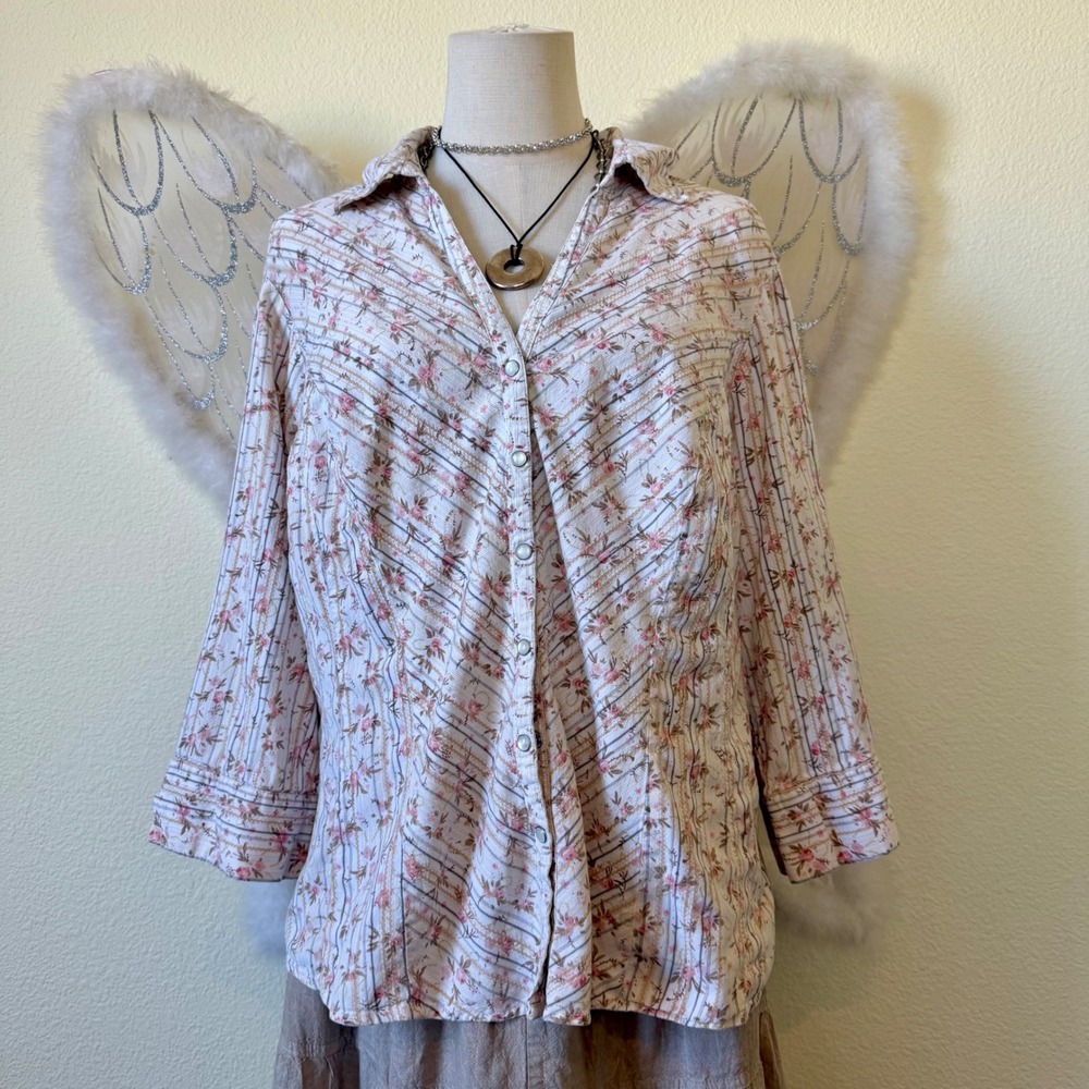 Indie Grunge Granola Girl Striped Floral Long Sleeve Button Up Shirt Funky‎ 90s